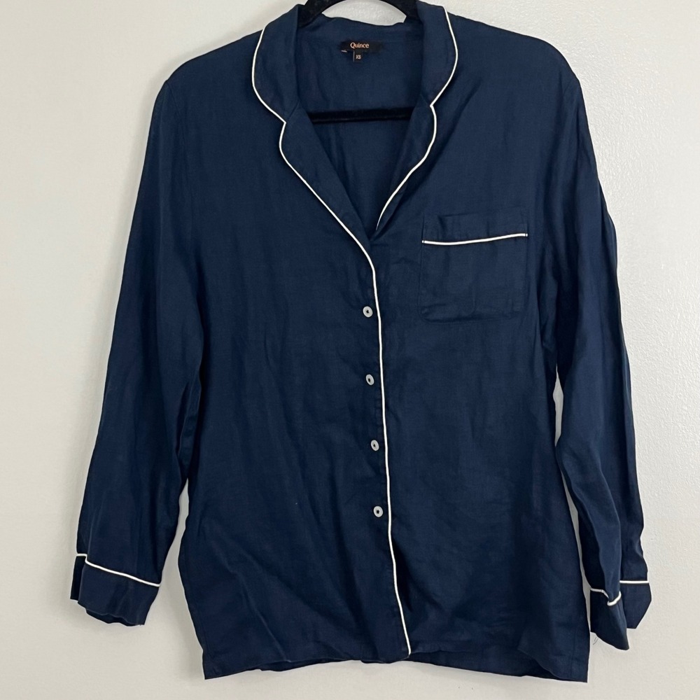 Quince Coastal Linen Pajama Top Women XS Navy Blue Long Sleeve Contrast Piping